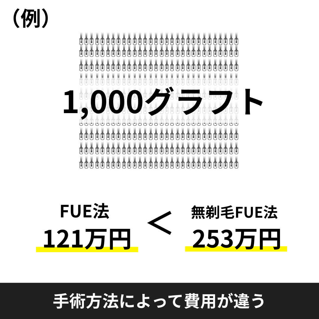 自毛植毛のFUTと刈り上げないFUE法の価格差イメージ